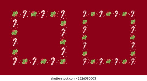 Square Christmas Frame Border Set, Winter Holiday Graphics. Cute Mistletoe and Candy Cane pattern, card and social media post template vector illustration.