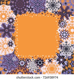 Square Christmas frame or border white random scatter falling snowflakes on a orange background.