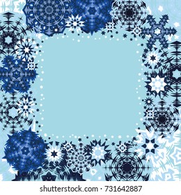 Square Christmas frame or border white random scatter falling snowflakes on a blue background.