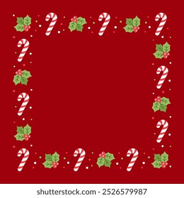 Square Christmas Frame Border, Winter Holiday Graphics. Cute Mistletoe and Candy Cane pattern, card and social media post template vector illustration.