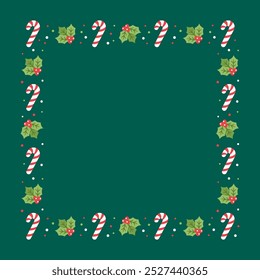 Square Christmas Frame Border, Winter Holiday Graphics. Cute Mistletoe and Candy Cane pattern, card and social media post template vector illustration.