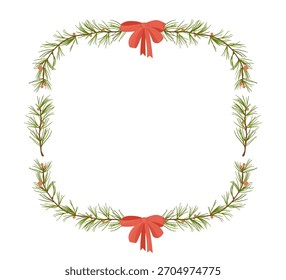 Square Christmas frame with green pine branches and red bows. Modern holiday background with copy space in the center.