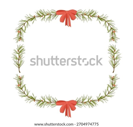 Square Christmas frame with green pine branches and red bows. Modern holiday background with copy space in the center.