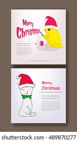 Square Christmas greeting cards with funny animals. Vector objects isolated