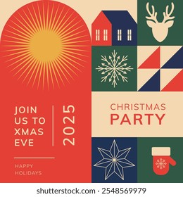 Square Christmas New Year Card in Modern Geometric Style. Colourful Illustrations with Christmas Icons in Retro Colours. Party Invitation Template, Christmas Greetings in Social Media. Vector