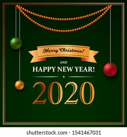 Square Christmas and New Year design with realistic Christmas balls and garland on dark green background. Vector illustration for banner, greeting card, cover, present box, etc