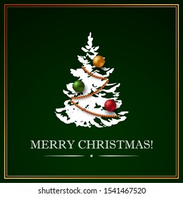 Square Christmas and New Year design with hand drawn Christmas tree, realistic Christmas balls and garland on dark green background. Vector illustration for banner, greeting card, cover, present box