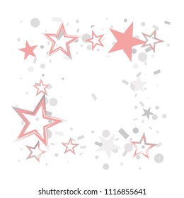 Square Christmas silver and pink stars confetti falling, isolated on white. Magic shining flying stars and glitter dots sparkle cosmic backdrop