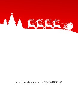 Square Christmas Sleigh Four Reindeers With Baubles In Forest Red Background