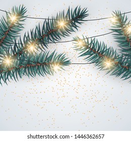Square Christmas template for designs, web banners, posters, flyers etc. Vector illustration in realistic style with spruce branches and garland