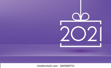 Square christmas tree toy with 2021 sign on purple background. Some space for your text. Vector holiday illustration.