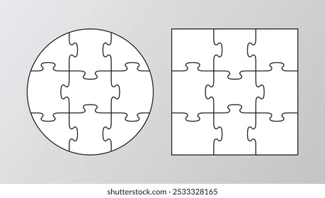 Square and circle cutting templates. Scheme for thinking game. Outline jigsaw grids collection. Puzzle pieces set. Mosaic background with separate details. Cutting template. Vector illustration.