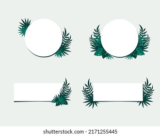 Square And Circle Frame Decorated With Tropical Green Leaves Flat Vector Illustration Isolated On White Background. Natural Border For Invitation Card.