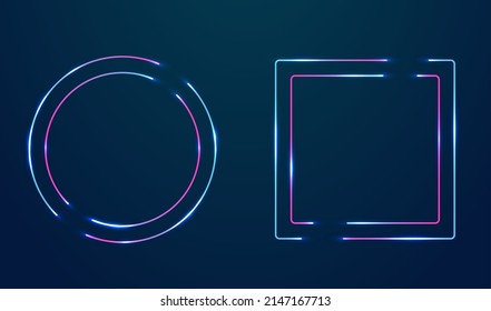 Square and circle neon frames set. Vector empty borders tor text. Illuminated glowing neon frame night club signs. Thin shining line borders, led flare text boxes. Cyberspace style design