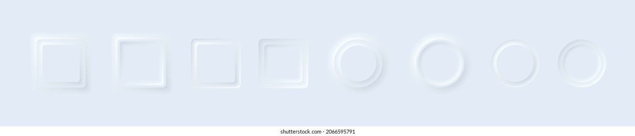 Square and circle neumorphism button design set. Neumorphism User interface design set. Neumorphism UI UX icons set. Neumophic interface buttons set. 3D vector buttons neumorphic design . EPS 10