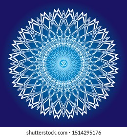 Square circle openwork mandala. Blue colors. Sign Aum / Om / Ohm in center. Spiritual esoteric symbol. Vector graphics art.