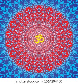 Square circle openwork mandala. Red, and blue colors. Sign Aum / Om / Ohm in center. Spiritual esoteric symbol. Vector graphics.