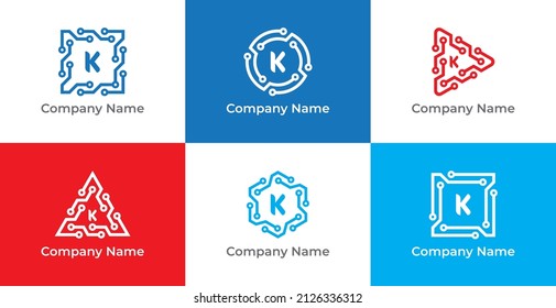 Square, Circle, Play, Triangle and Hexagon Technology Logo icon symbol with Letter K. Vector logo template