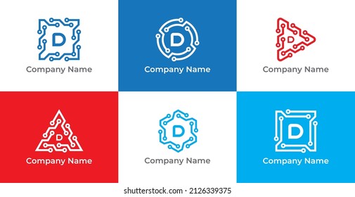 Square, Circle, Play, Triangle and Hexagon Technology Logo icon symbol with Letter D. Vector logo template