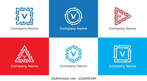 Square, Circle, Play, Triangle and Hexagon Technology Logo icon symbol with Letter V. Vector logo template
