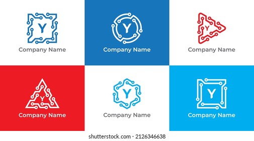 Square, Circle, Play, Triangle and Hexagon Technology Logo icon symbol with Letter Y. Vector logo template