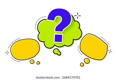 A square with Circle, question marks. And the answers to them. The concept of frequently asked questions. green, 
 yellow, blue. Online support web page. vector illustration.