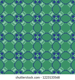 Square Circle Quilt Tile Seamless Vector Pattern. Hand Drawn Portugal Shapes Grid. Ornament Texture for Textile Prints, Ethnic Decor, Summer Packaging. Fashion Fabrics, Trendy Blue Green Gift Wrap