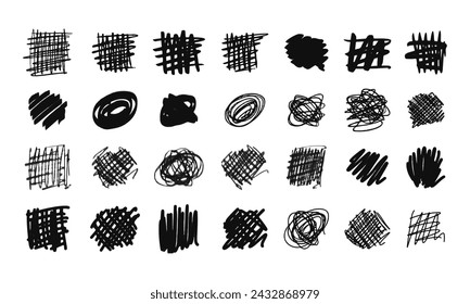 Square and circle strikethroughs and doodles. A collection of twenty-eight randomly drawn squiggles and doodles. Vector set of handwritten symbols and signs