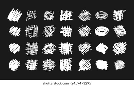 Square and circle strikethroughs and doodles. A collection of twenty-eight randomly drawn white squiggles and doodles on a black background. Vector set of handwritten symbols and signs