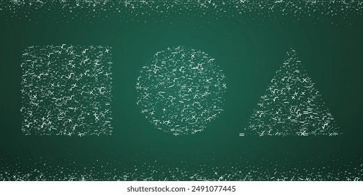 Square, circle and triangle shapes formed from a scattered arrangement of mathematical symbols. Vector illustration of green chalkboard with math signs