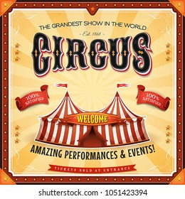 Square Circus Poster With Frame/
Illustration of a retro vertical circus poster background, with marquee, big top, elegant titles and grunge texture for arts festival events and entertainment