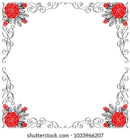 A square classic vintage frame with red roses and black curls.
