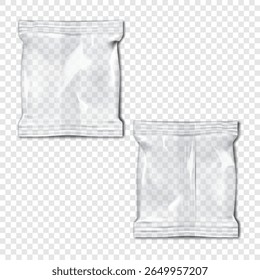 Saco de travesseiro plástico transparente quadrado frente e atrás. Montagem 3d realista. Embalagem transparente da bolsa de três costuras. Mock-up de vetor. Embalagem de embalagem fluida. Modelo fácil de editar