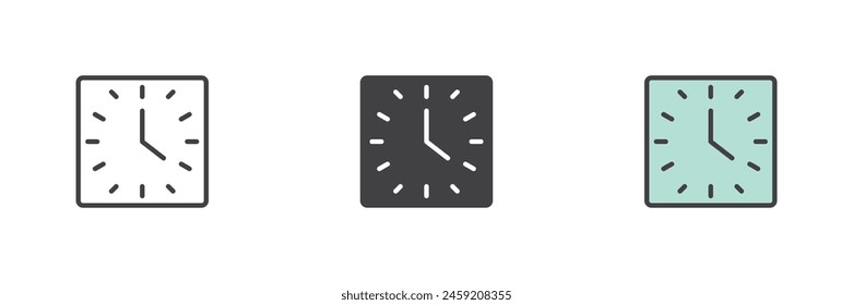 Quadratische Uhr verschiedener Stil Icon-Satz. Linie, Glyphe und gefüllte Umrissfarben, Umriss und gefüllte Vektorgrafik. Bürowanduhr-Symbol, Logo-Illustration. Vektorgrafik-Grafiken