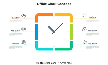Quadratzuhr und 6 Optionen. Konzept von sechs Schritten zur Produktivität und effektiven Zeitplanung. Einfache Infografik-Design-Vorlage. Moderne, flache Vektorgrafik für Geschäftsvorführungen.