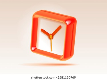 Square clock icon in 3d vector style, with gloss effect. Orange time on light background. Color watch. Vector design element for you modern project