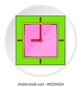 Square clock icon in cartoon style on white circle background. Time symbol vector illustration