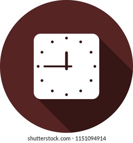 Square clock icon on a circle of maroon color, vector image