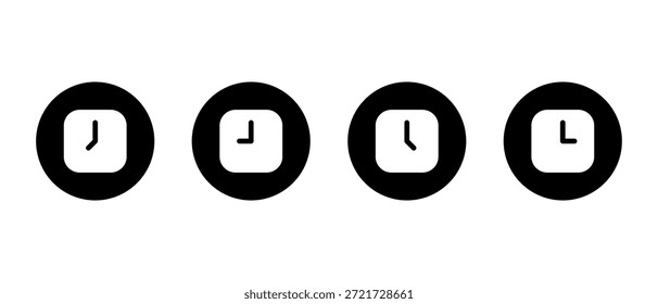 Square clock icon set in black circle. Schedule, deadline, and time symbol