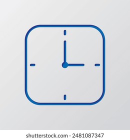 Square clock simple icon vector. Flat design. Paper cut design. Cutted blue symbol with shadow. Gray background.ai