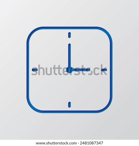 Square clock simple icon vector. Flat design. Paper cut design. Cutted blue symbol with shadow. Gray background.ai