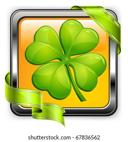 Square clover button with green ribbon on white, vector illustration for St. Patrick's day