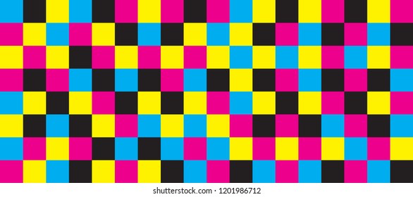 Square cmyk, pms pixel background. Vector cyan magenta yellow black Colorful spectrum gradient concept. Pattern color printing Prepress printing. Checkered, checker banner. Check board