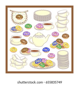 Square collage with donuts, teapot, plates. Vector illustration.