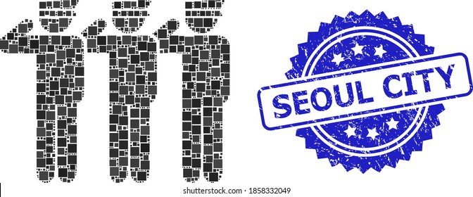 Square collage soldiers and SEOUL CITY grunge stamp seal. Blue stamp seal includes SEOUL CITY caption inside rosette. Vector soldiers collage is formed of randomized rectangle elements.