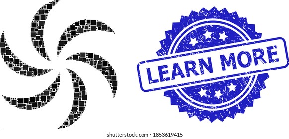 Rotación cuadrada de la turbina de collage y sello LEARN MÁS grueso. El sello azul contiene el título LEARN MORE dentro de rosette. El collage de rotación de turbinas vectoriales se compone de partes cuadradas aleatorias.