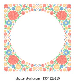 Square color frame with flowers and a round place in the middle.