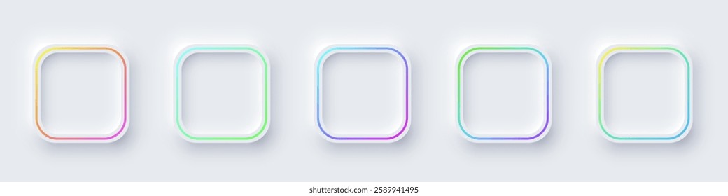 Square color frames with illuminated neon borders on white background. Glowing white square frames with color lines. Modern abstract futuristic geometric vector illustration set in soft pastel tones.