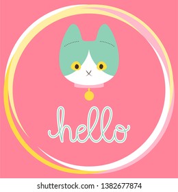 Square color illustration in the flat style with a cat face and the inscription Hello in the ring on the pink backdrop. Good for t-shirts, cards, flyers, posters, stickers, children's rooms, etc.