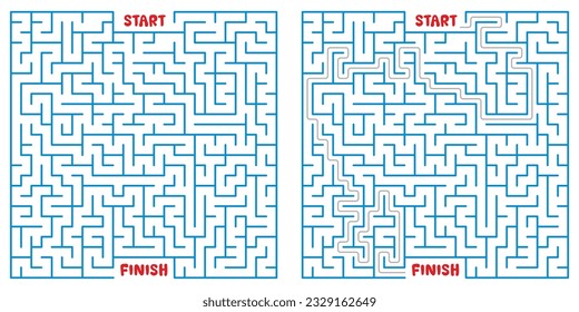 Square color labyrinth with the answer. An interesting game for children and teenagers. Simple flat vector illustration isolated on white background.